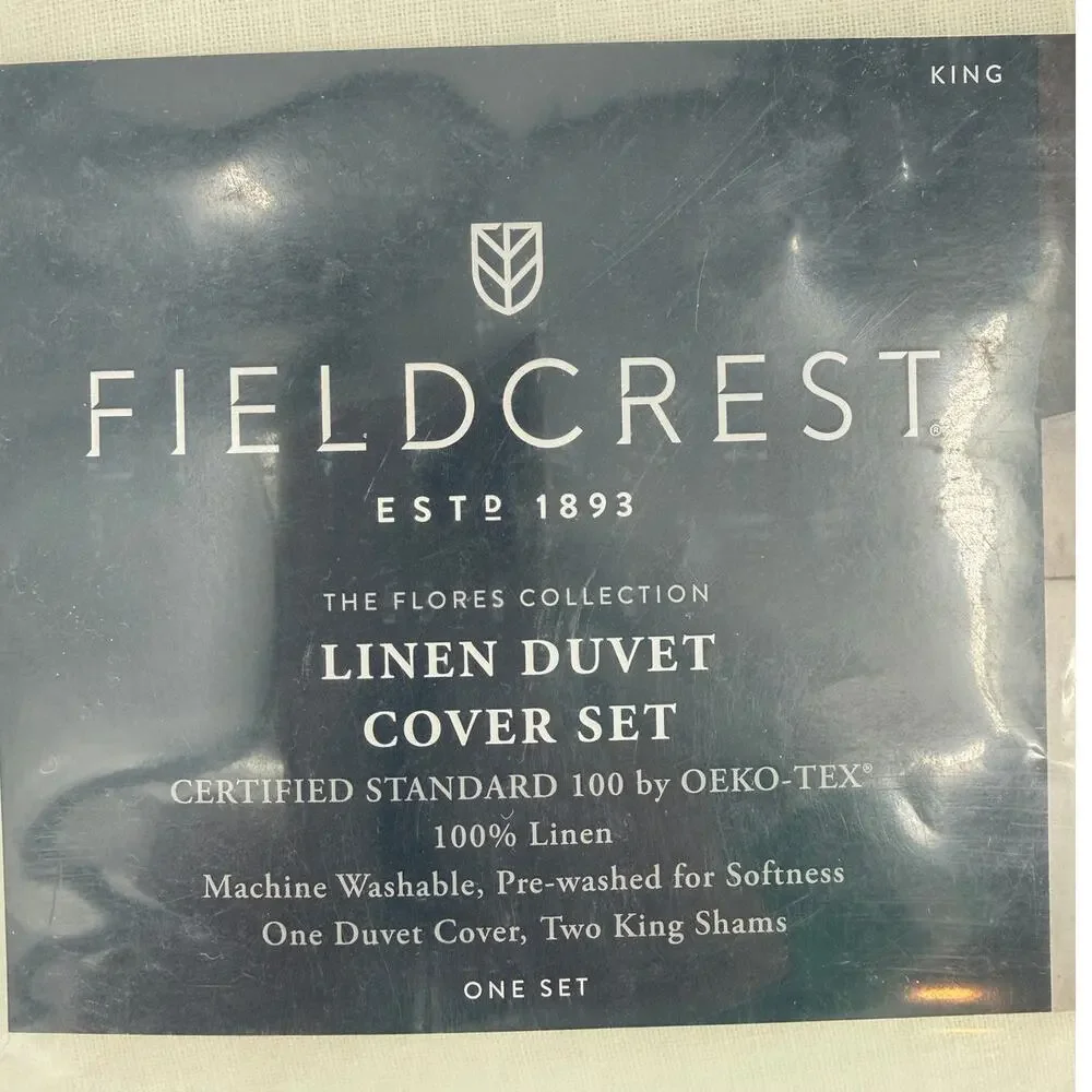 Fieldcrest 100% Linen King Duvet Cover & 2 King Shams Sour Cream White NEW